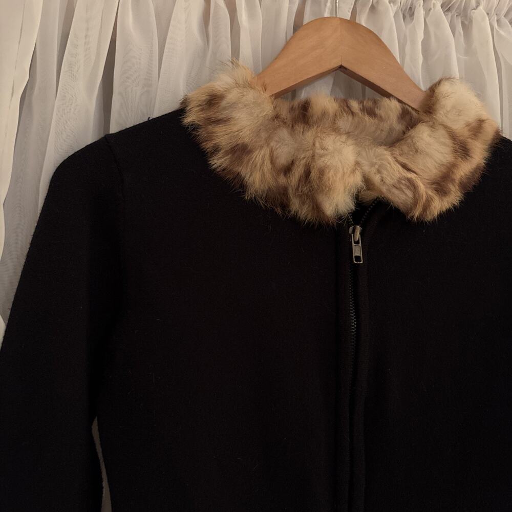Vintage Cache Black Zip Up Button Sweater Real Fur Collar Women Sz M Silk Blend - Picture 3 of 14